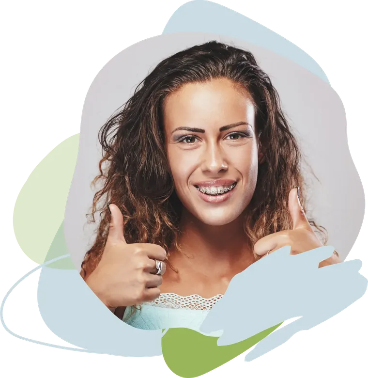 Woman with braces giving two thumbs up.